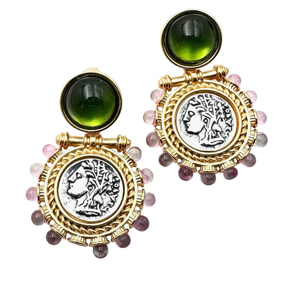 Womens Earrings Pierced Roman Coin Pink Green Cabochon Gold Tone Chandelier